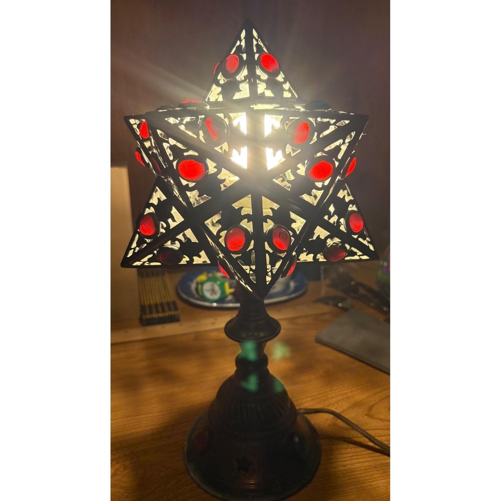 VTG Mexican Folk Art Moravian Star Punched Brass Lamp W/ Colored Cabochons WORKS